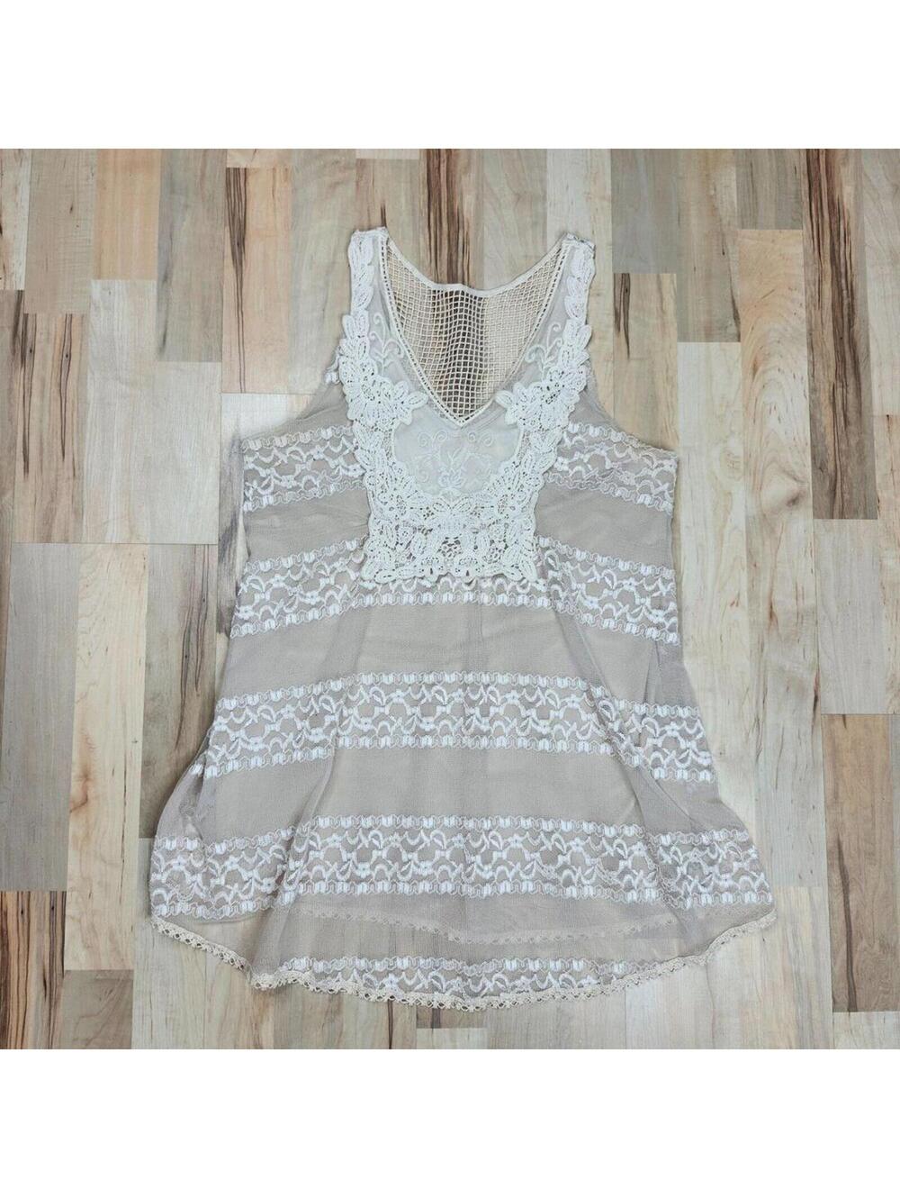 Romeo & Juliet Couture Lace Boho Tunic Tank Cream Size L Made in USA